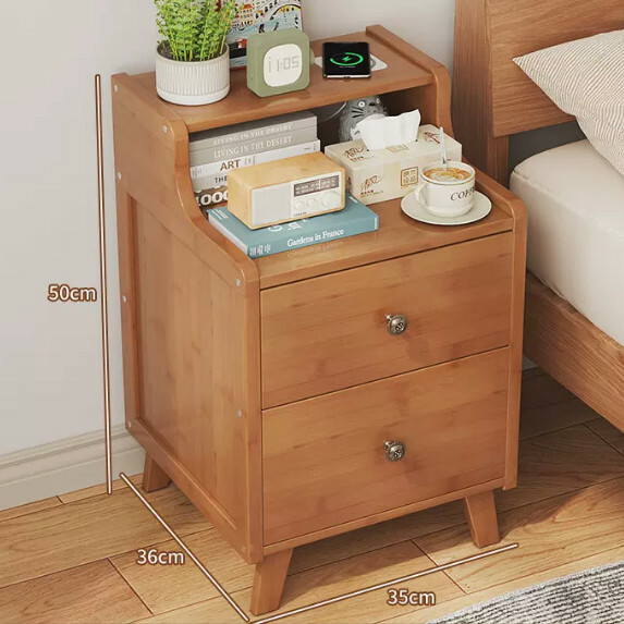 Popular bamboo solid wood furniture, bedside table, sofa side table, small coffee table [35x36x50cm] double-drawn brown