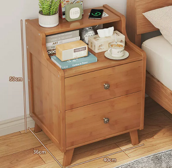 Popular bamboo solid wood furniture, bedside table, sofa side table, small coffee table [40x36x50cm] double-drawn brown