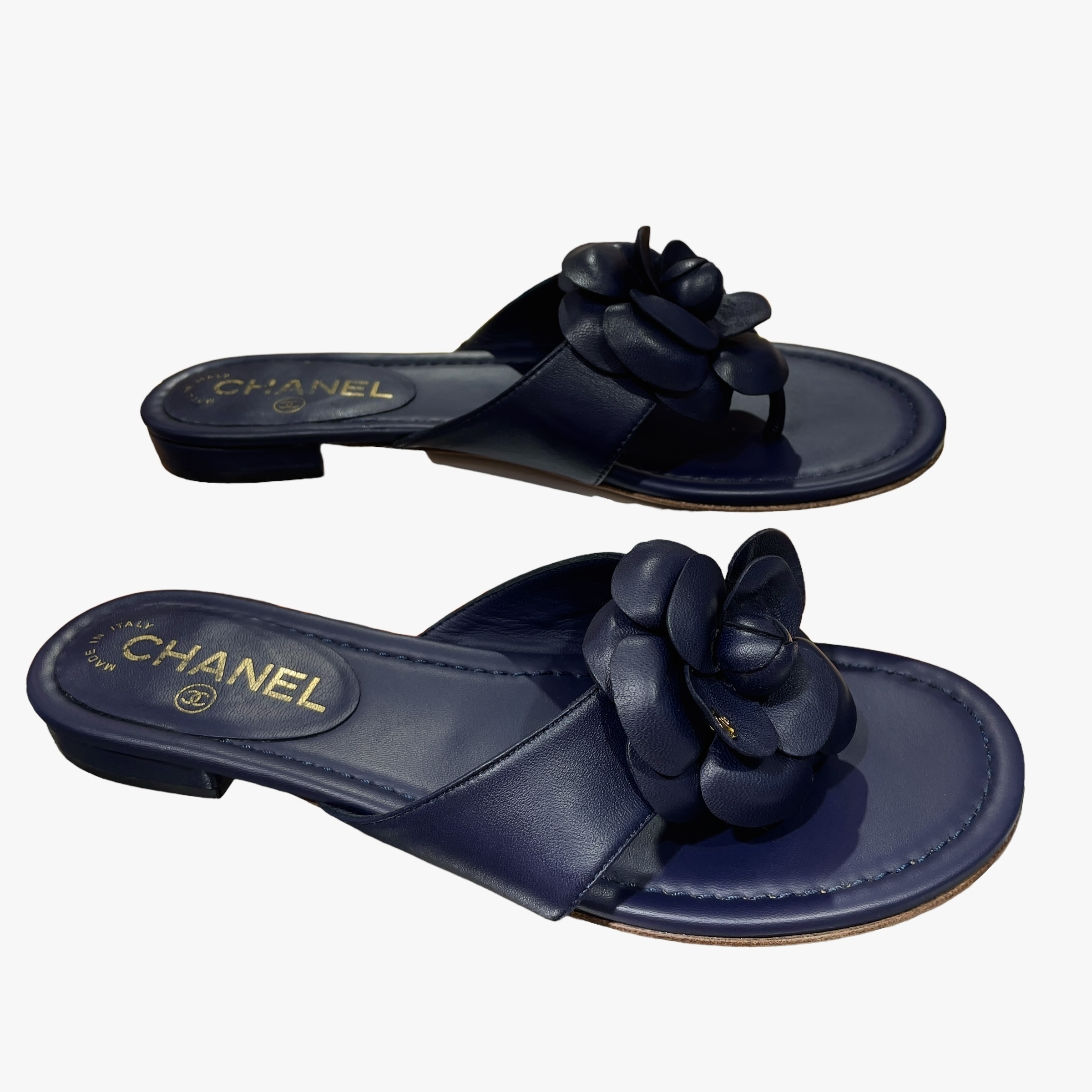 98%NEW 二手 CHANEL 人字拖鞋 36.5碼 平底深藍色 山茶花 G31486#香榭站正品