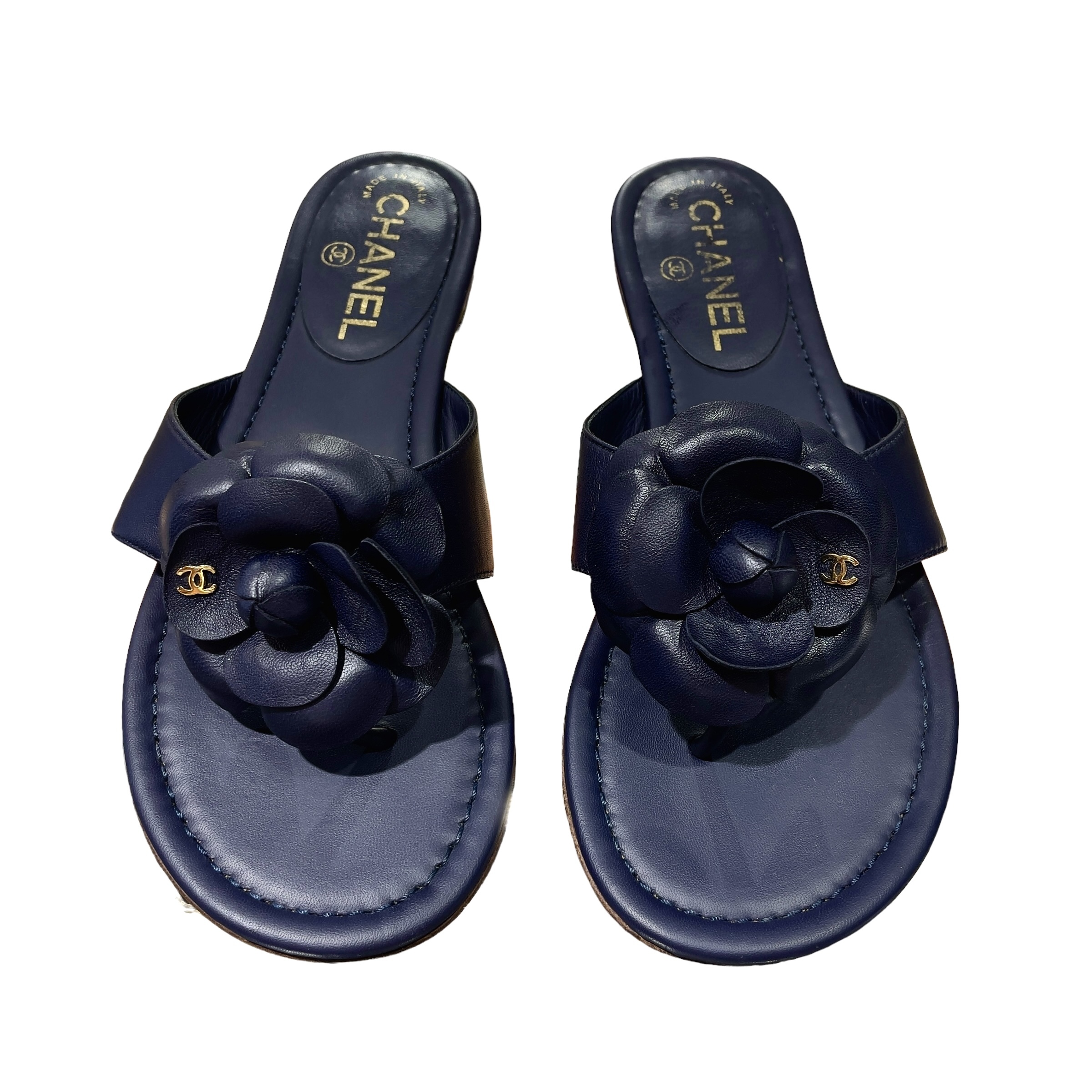 98%NEW 二手 CHANEL 人字拖鞋 36.5碼 平底深藍色 山茶花 G31486#香榭站正品