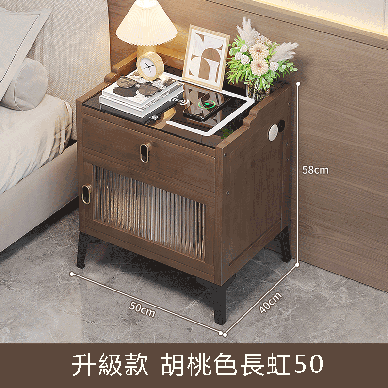 Popular bamboo solid wood furniture, bedside table, sofa side table, coffee table [50x40x58cm] 1 door + 1 drawer [walnut color]