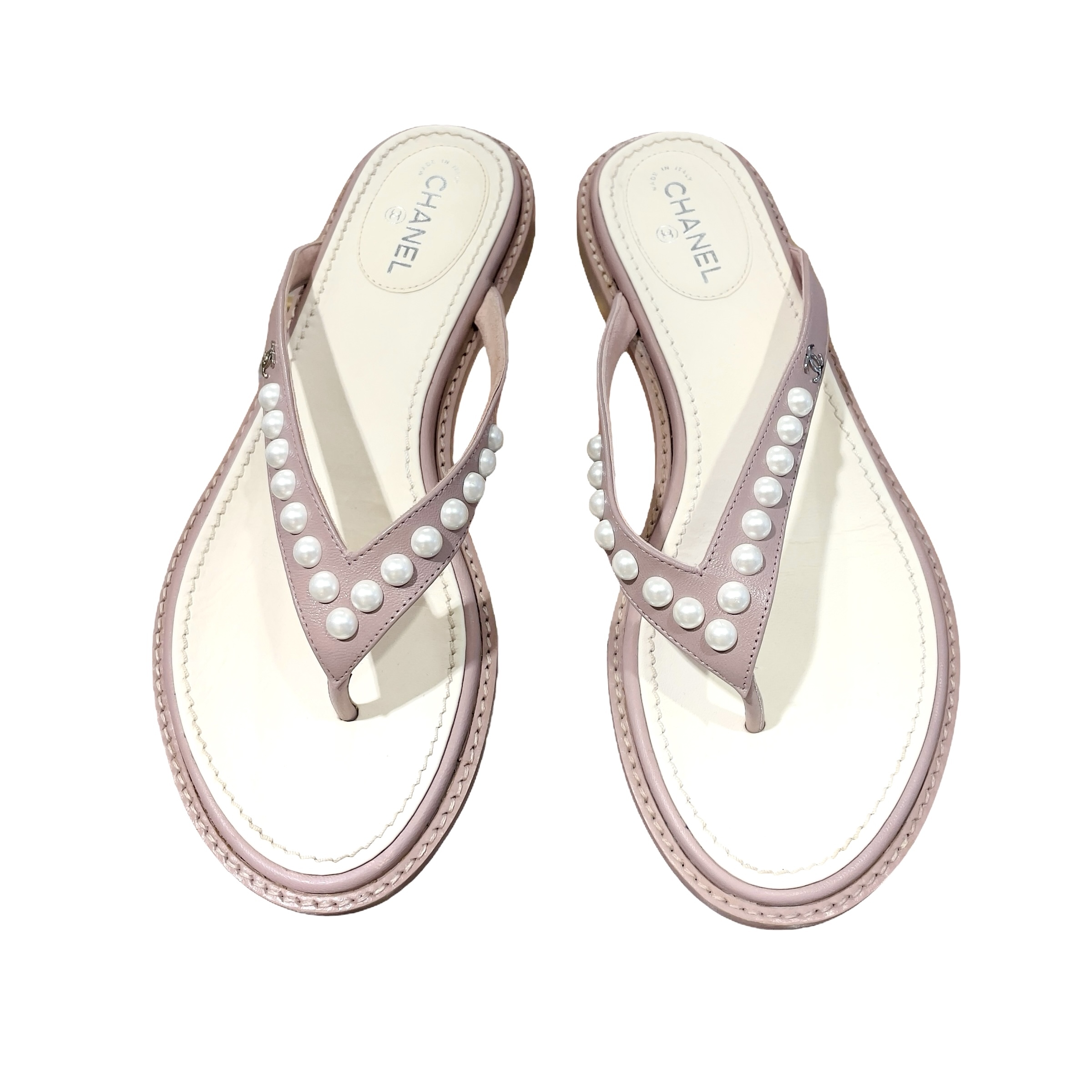 95%NEW 二手 CHANEL 人字拖鞋, 37碼 ,粉色羊皮, 綴珍珠, #香榭站正品