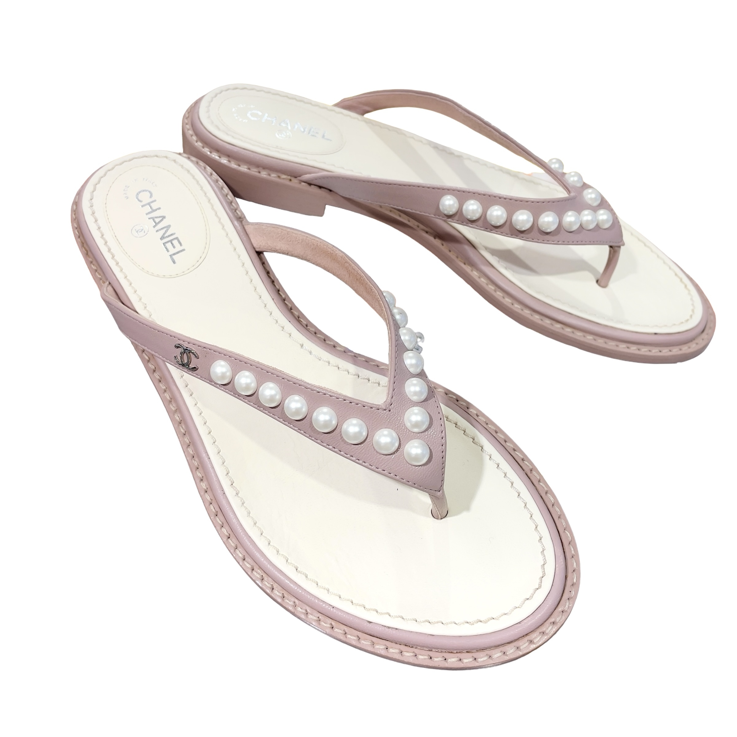 95%NEW 二手 CHANEL 人字拖鞋, 37碼 ,粉色羊皮, 綴珍珠, #香榭站正品