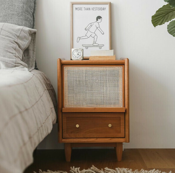 Hotly recommended rattan simple solid wood bedside table (cherry color - without lights)
