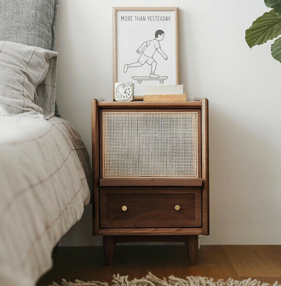 Hotly recommended rattan simple solid wood bedside table (black walnut color - without lights)