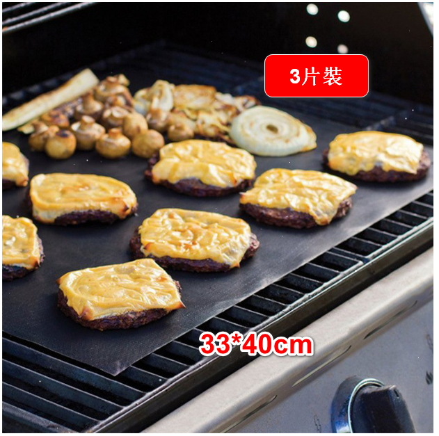 3pcs-High Temperature Fiberglass PTFE BBQ Barbecue Mat-(Specification: 33*40cm【Black Barbecue Mat 0.2mm】)