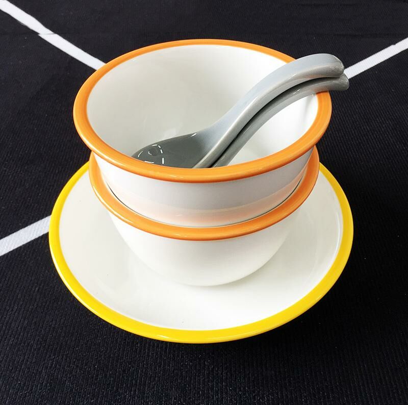 激抵【3件套】簡約碗具 陶瓷飯碗(碗：寬約13.5cm 高約7cm 蝶：寬約19.5cm 高約3.5cm 勺子長度約：13.5cm) 