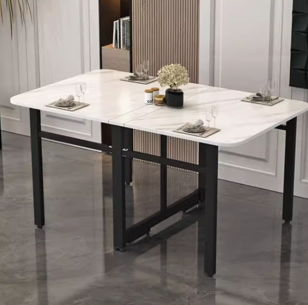 Hot selling folding dining table (imitation white stone desk + black frame (all solid wood)) (size: 100x60x75cm)