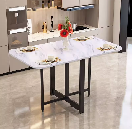 Hot selling folding dining table (imitation white stone desk + black frame (particle board) simple style) (size: 100x60x75cm)
