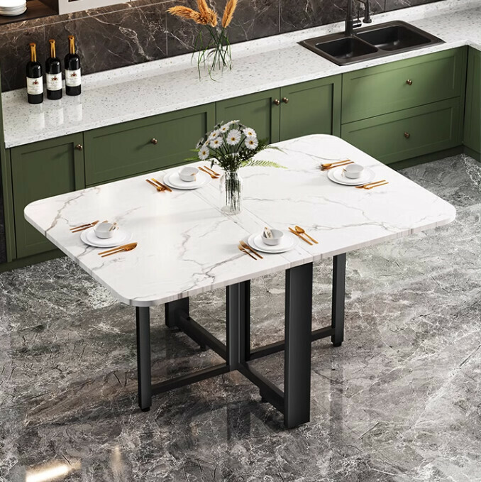 Hot Selling Multifunctional Movable Folding Dining Table [120*80CM] (White Stone Pattern + Black Frame)