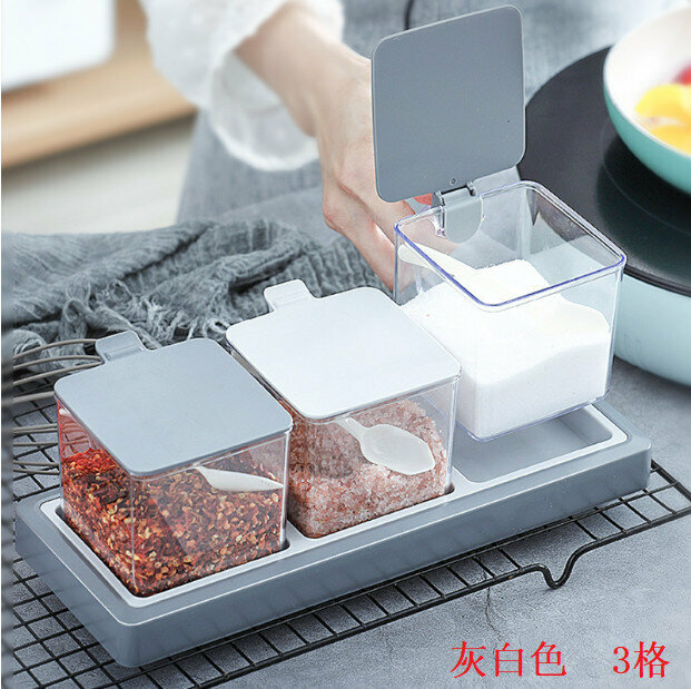 新款簡約調味料盒 調料罐 鹽罐 糖罐 托盤式廚房套裝 （灰白 色 3格） 