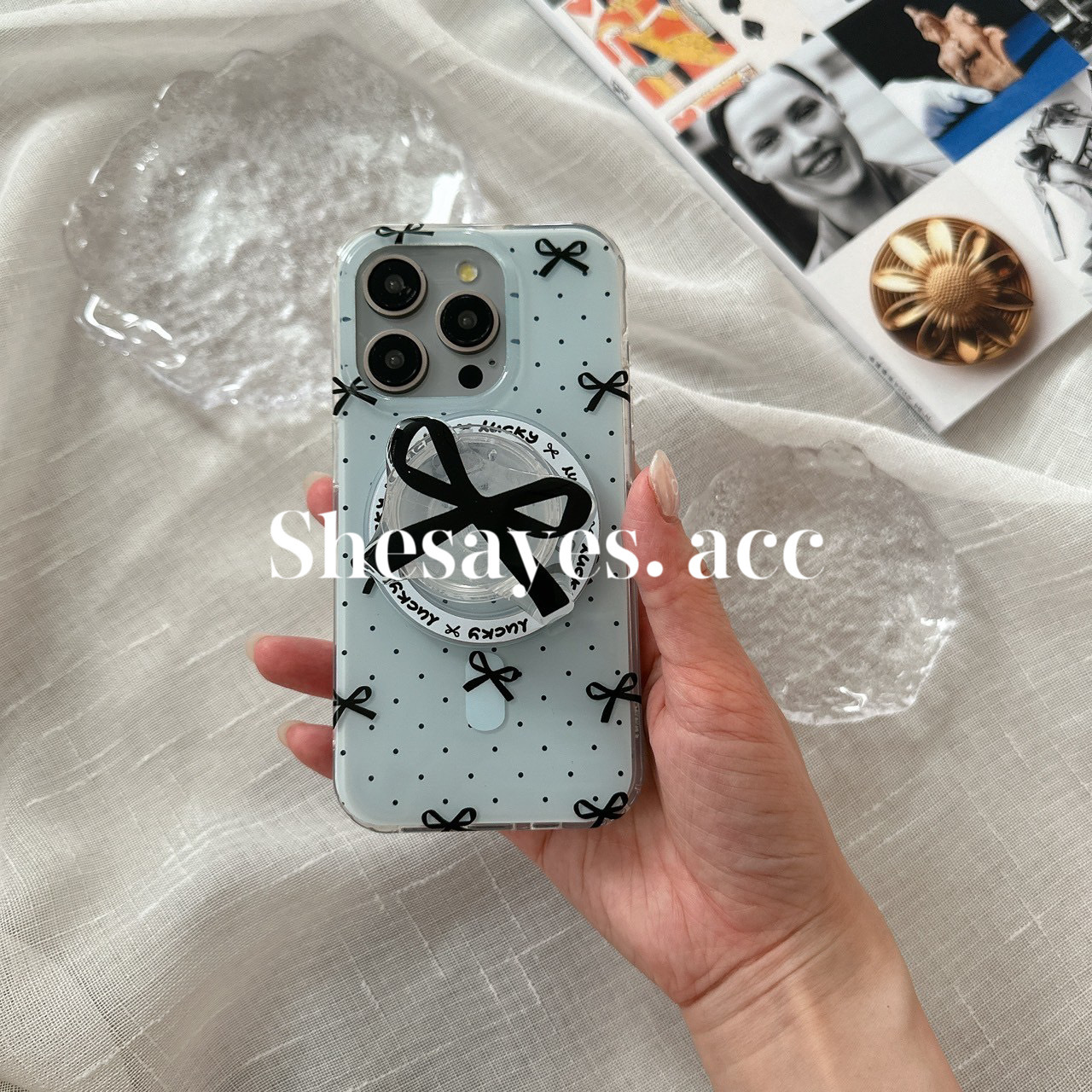 IPHONE 莫藍蝴蝶結磁吸支架手機殼