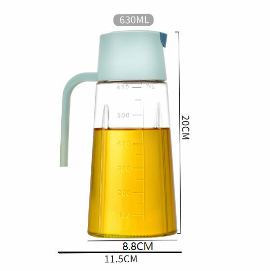 【630ml/straight handle blue】Automatic opening and closing glass olecranon oil pot Household leak-proof and non-oil-hanging 