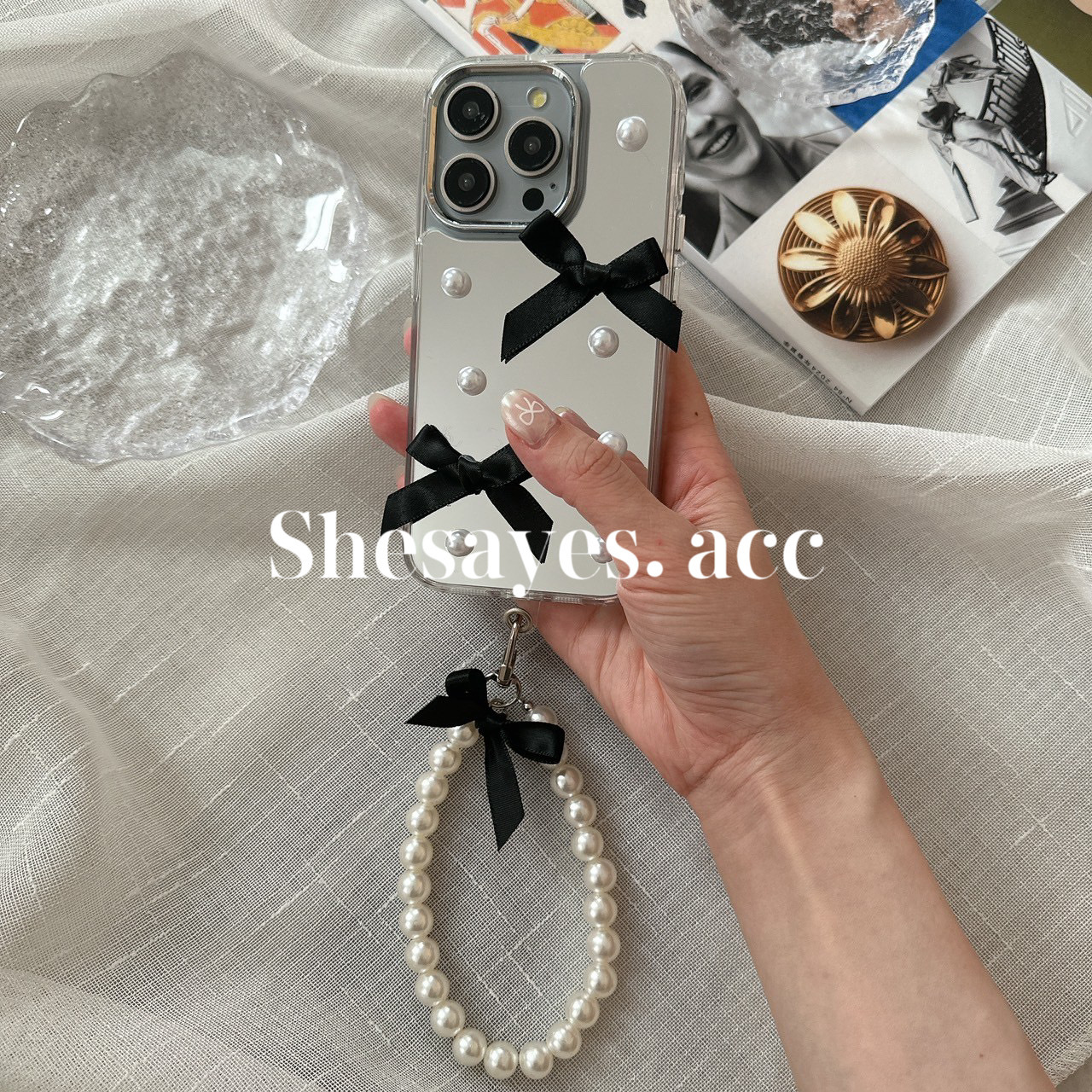 IPHONE 緞帶蝴蝶結珍珠掛繩手機殼