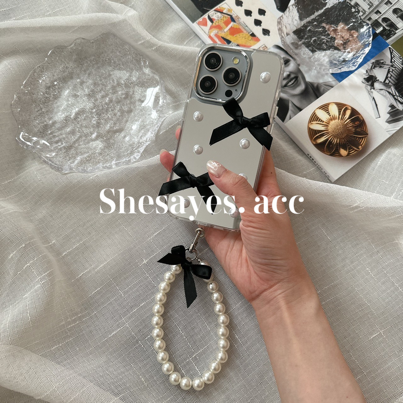 IPHONE 緞帶蝴蝶結珍珠掛繩手機殼