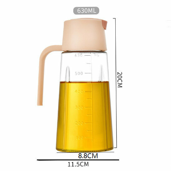 【630ml/Straight Handle Pink】Automatic opening and closing glass olecranon oil pot Household leak-proof and non-oiling 