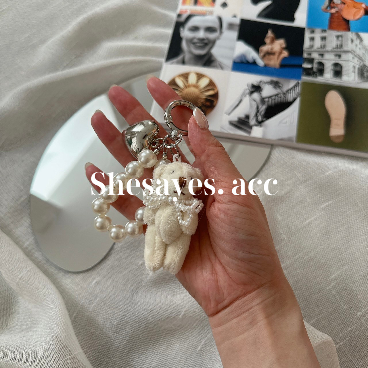 【手機掛飾】泰迪熊珍珠愛心手機掛飾