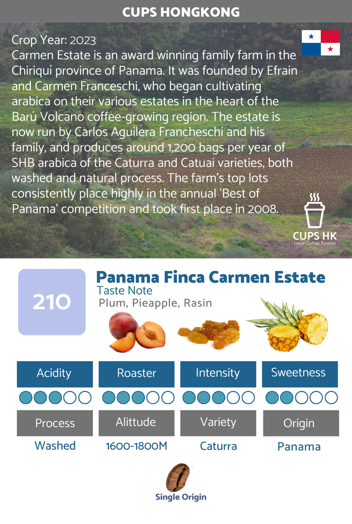210 : Panama Finca Carmen Estate Caturra 巴拿馬瓦肯山谷卡門莊園卡杜拉水洗咖啡豆