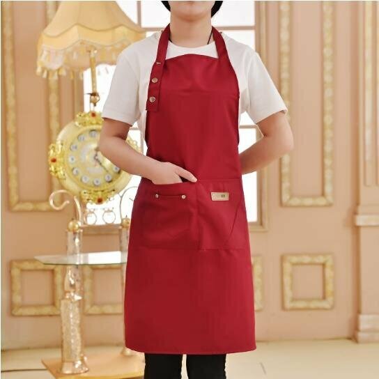 激抵時尚掛脖圍裙帶釦子可調節牛仔款式圍裙 服務員工作圍裙 居家清潔高檔圍裙【顏色三扣掛脖棗紅色圍裙】