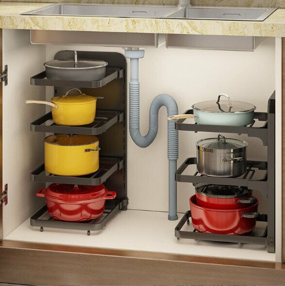 Kitchen Shelf, Pot & Pantry Rack (Black Adjustable Cabinet Storage Rack - 3 Layers)