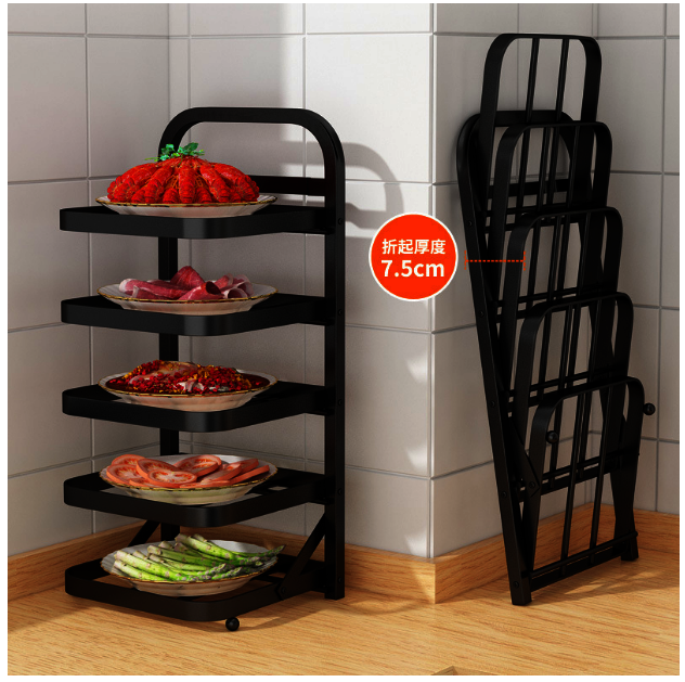 Kitchen wall-mounted non-perforated folding shelves [(folding side dish rack)-5 layers of black-countertop wall-mounted 2 uses]