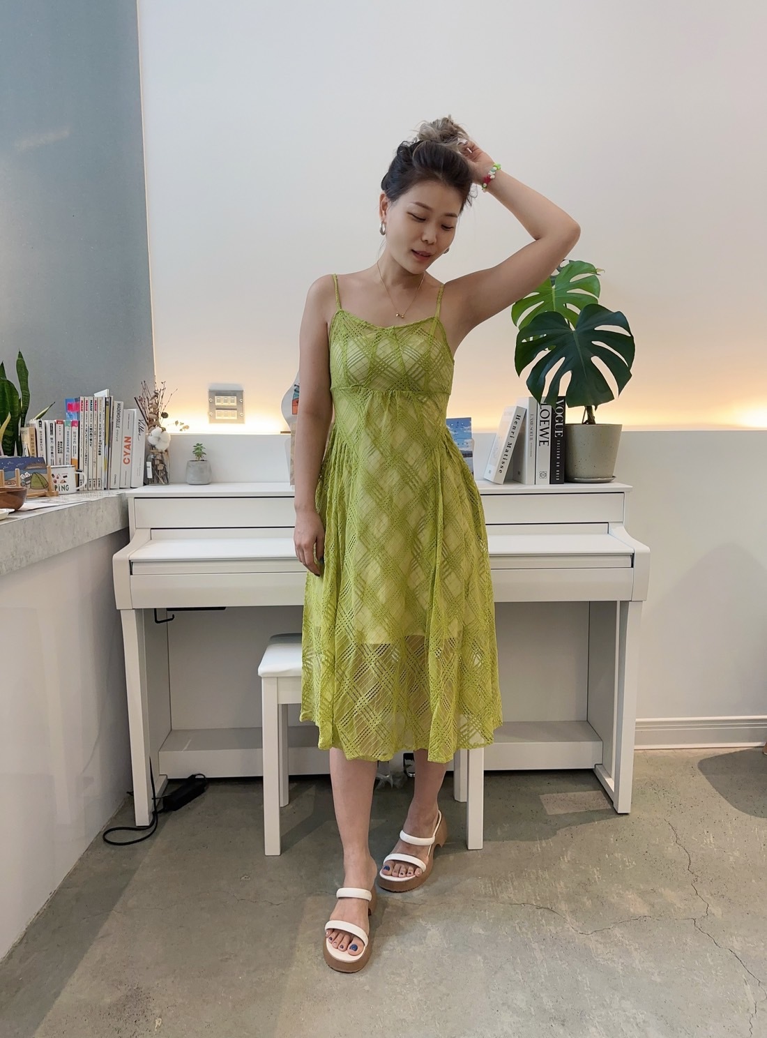 法式小清新 格子網紗長洋裝