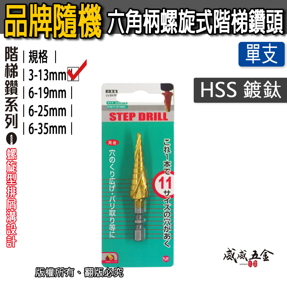 六角軸螺旋階梯鑽 HSS 六角柄鍍鈦階梯鑽尾 圓穴鋸 白鐵不鏽鋼用鍍鈦階梯鑽頭｜3-13 6-25 6-35