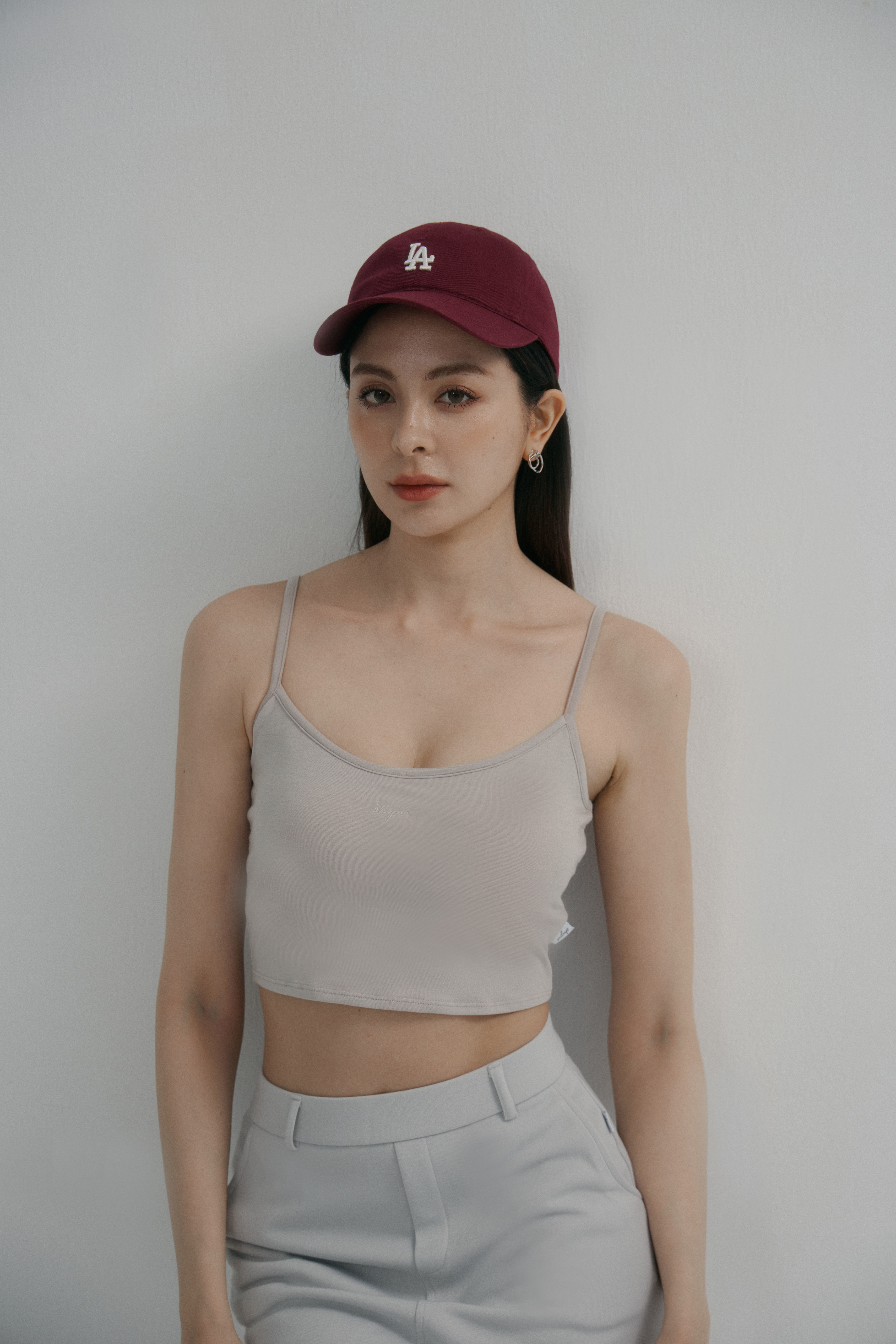 刺繡細肩帶BRA TOP背心- 杏