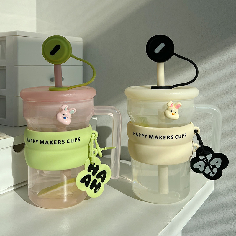 《4280》HAHA繽紛把手杯套玻璃吸管杯550ML