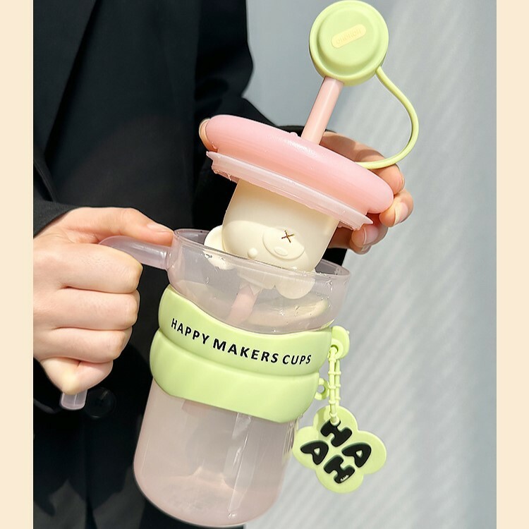 《4280》HAHA繽紛把手杯套玻璃吸管杯550ML
