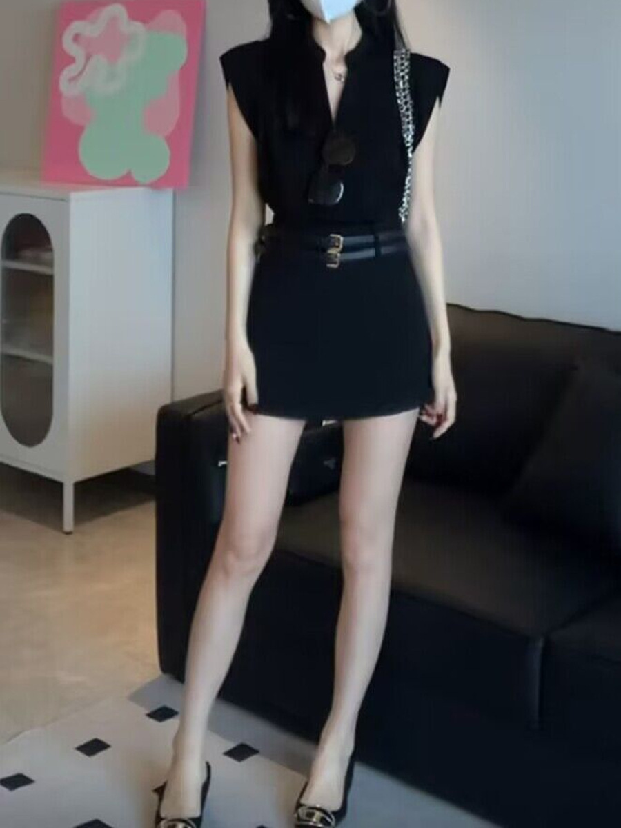 V領無袖俐落高腰褲裙(2件組)