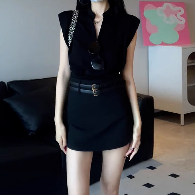 V領無袖俐落高腰褲裙(2件組)