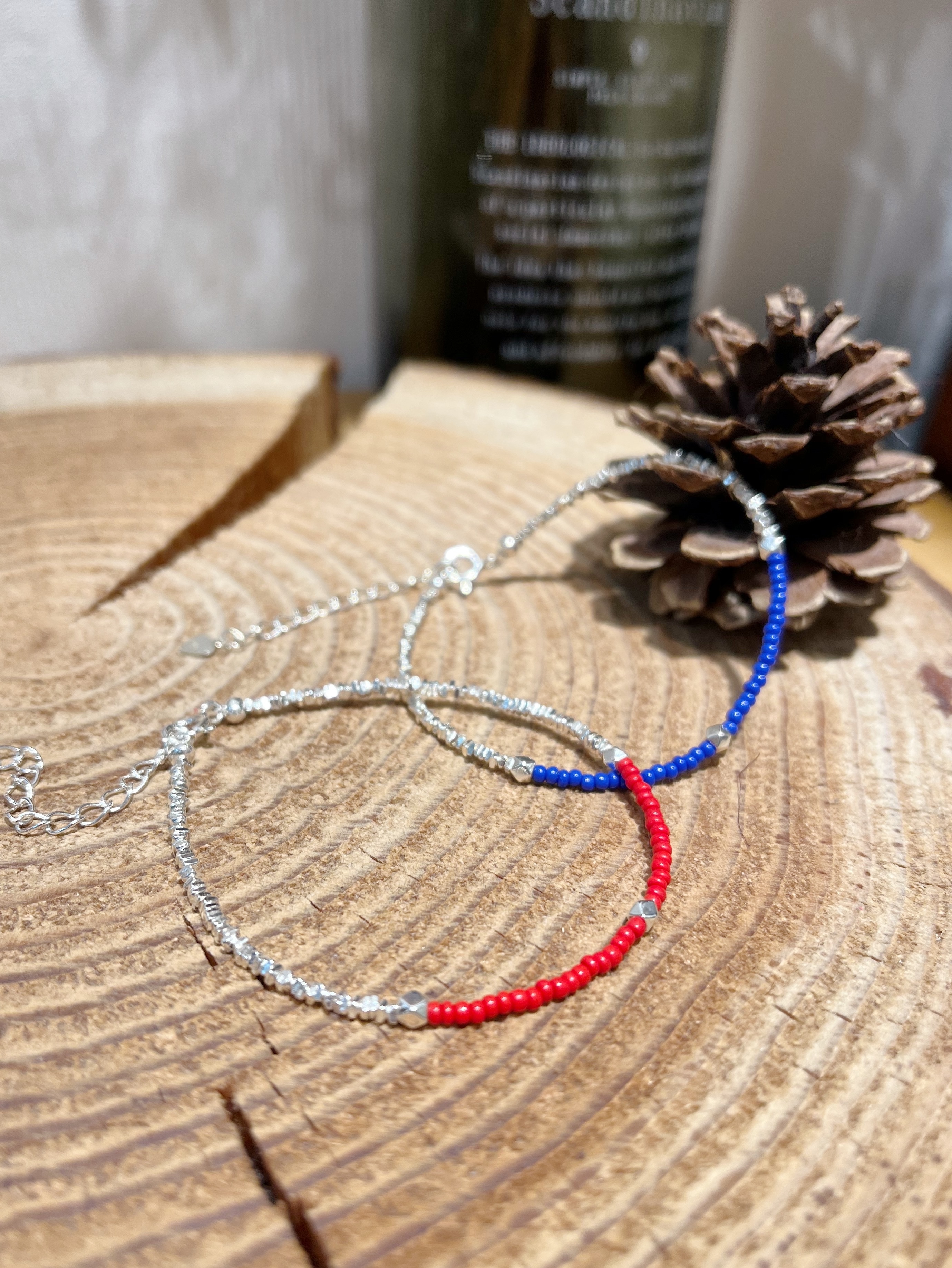 🌱銀珠+紅/藍裝飾珠手鏈