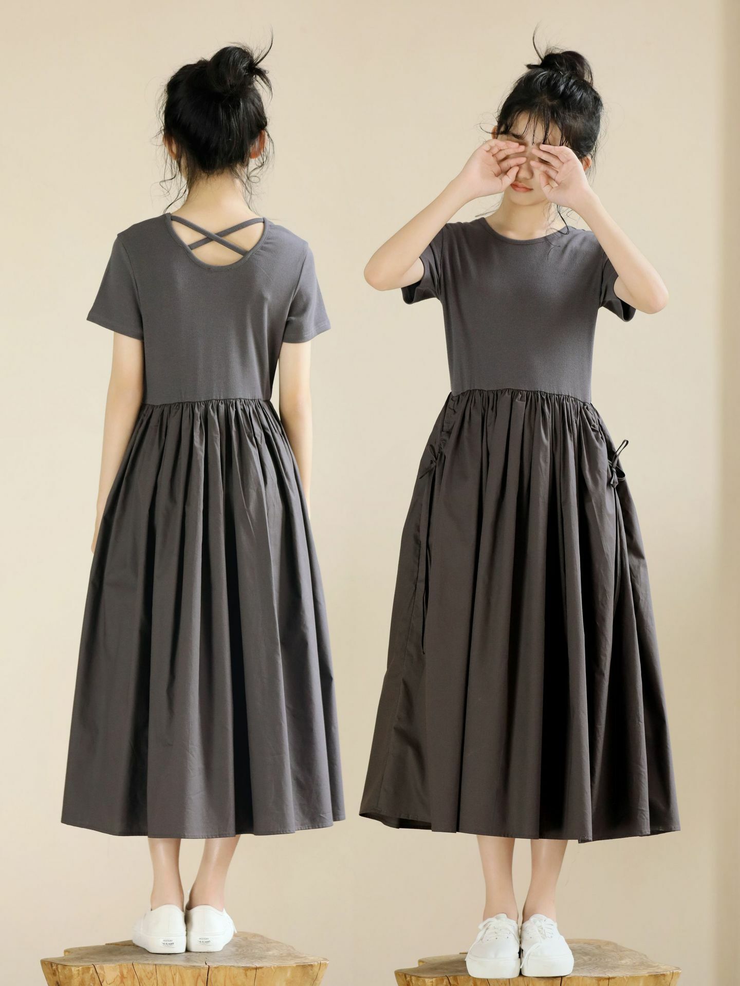 收腰大裙襬口袋抽繩連衣裙