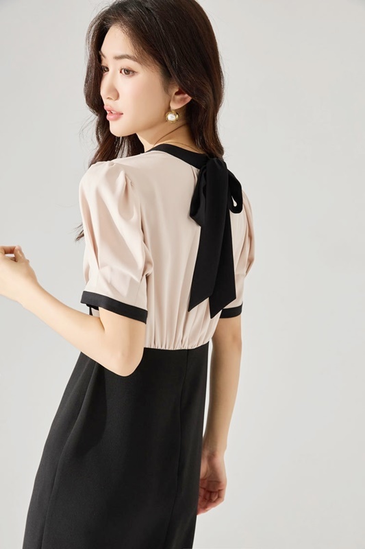 蝴蝶結拼色包臀洋裝 黑杏