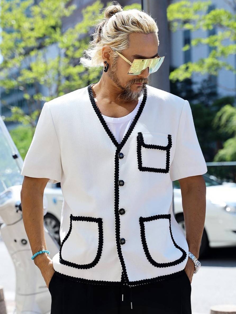 花呢拼色線條短袖外套