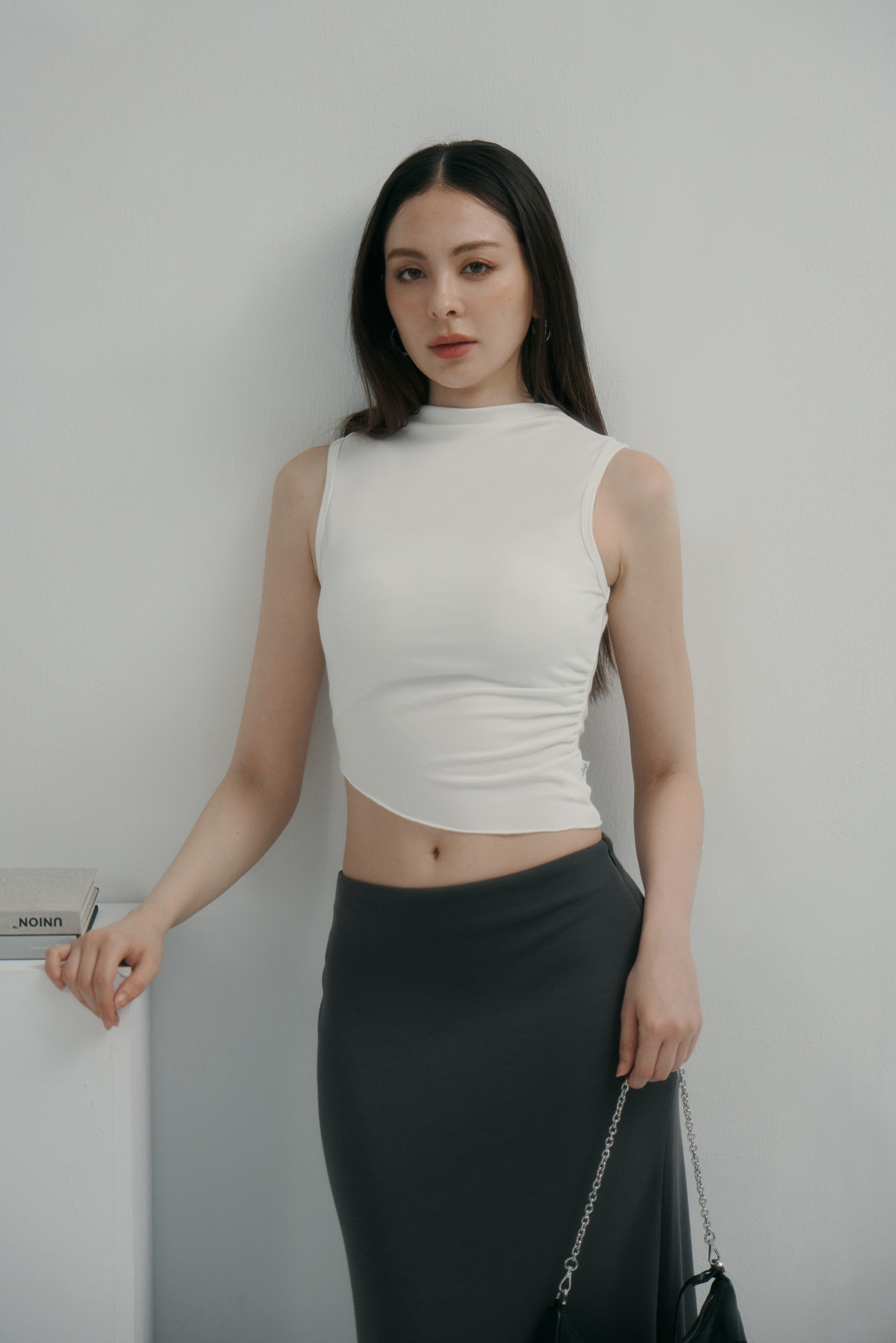 Shirred-Neck Tank Top- 白