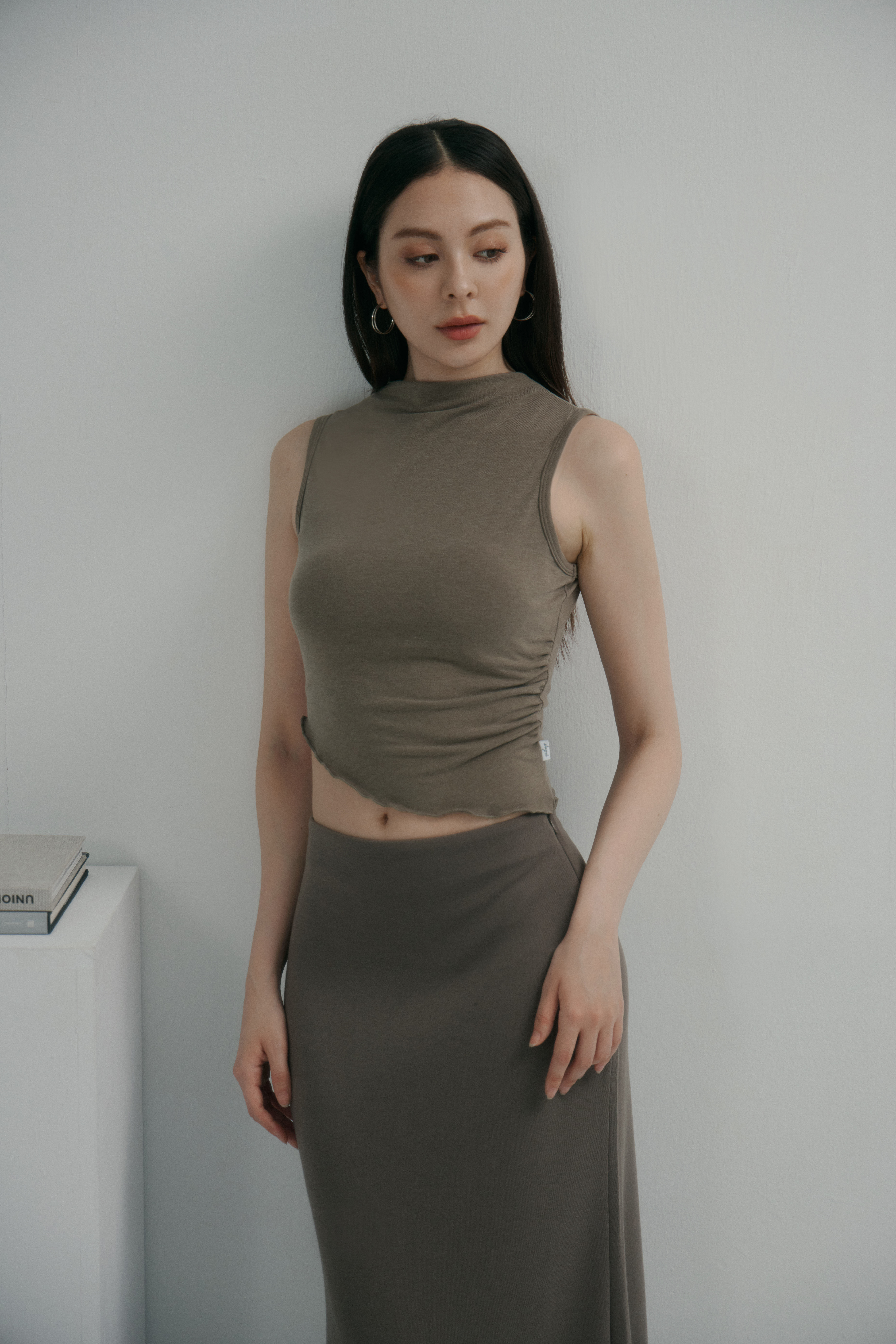 Shirred-Neck Tank Top- 咖啡