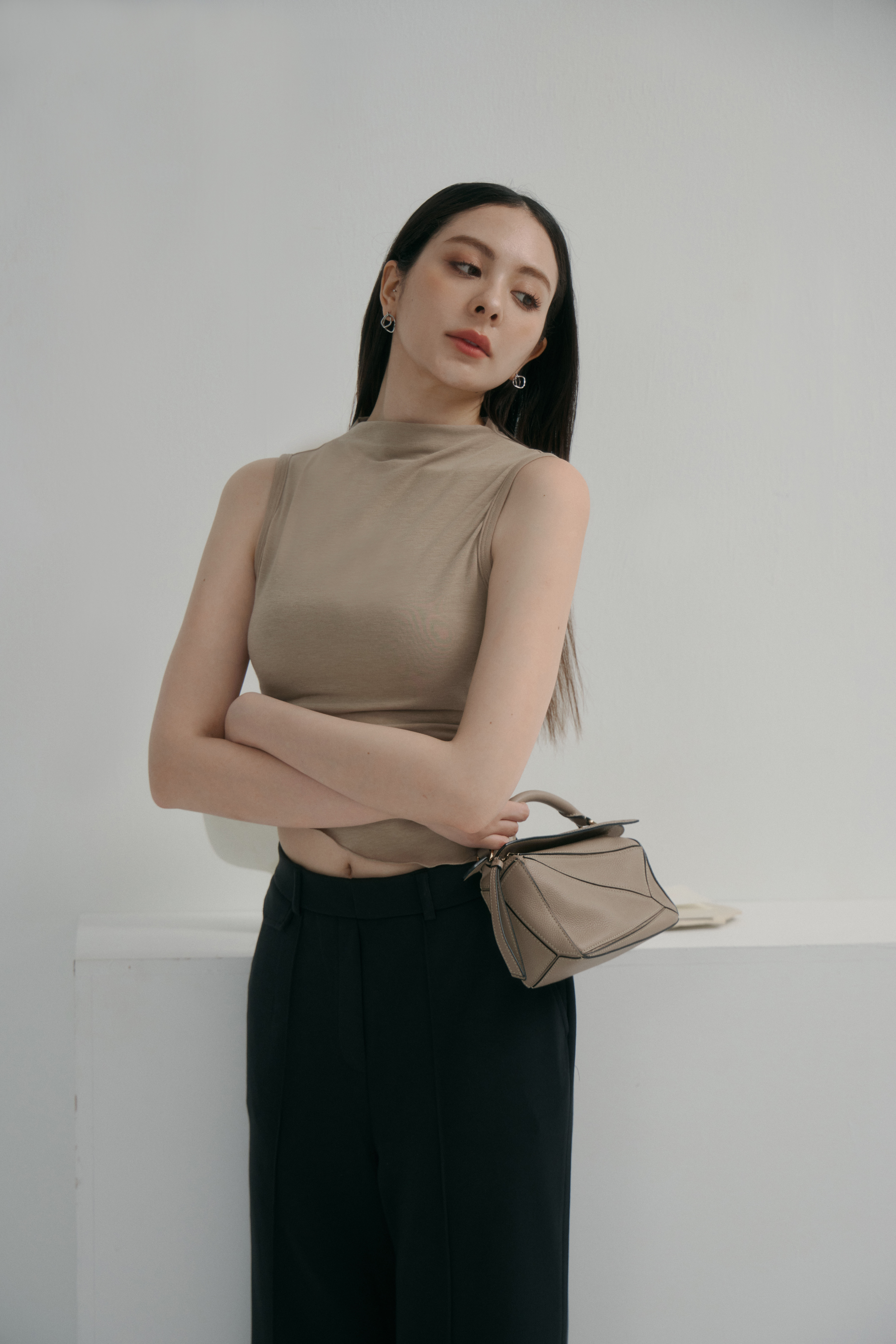 Shirred-Neck Tank Top- 卡其