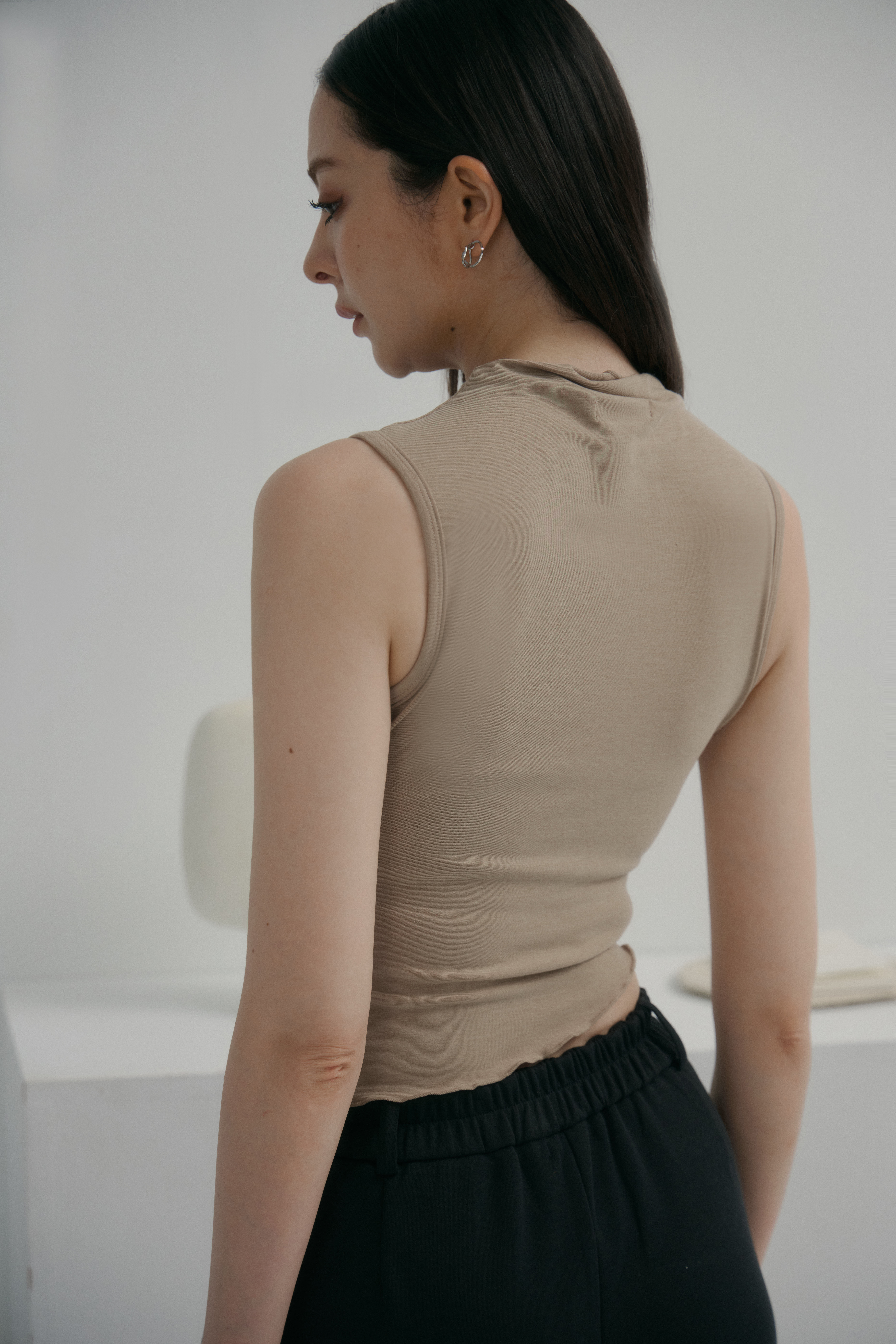 Shirred-Neck Tank Top- 卡其