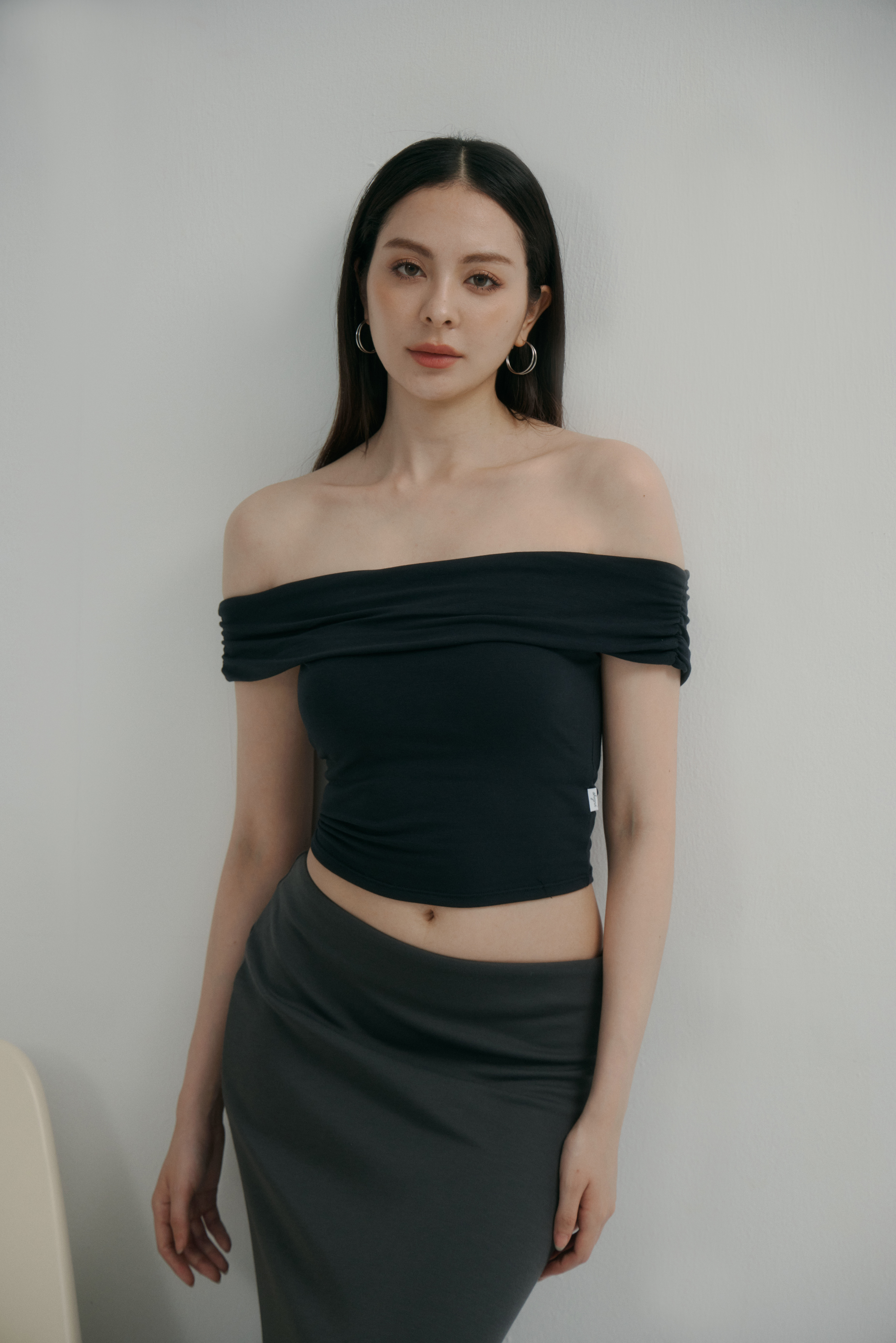 法式一字領BRA TOP上衣- 黑