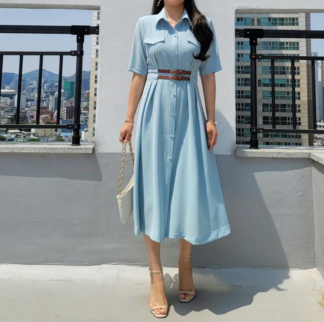 407090雙皮帶收腰長洋裝  庫存出清