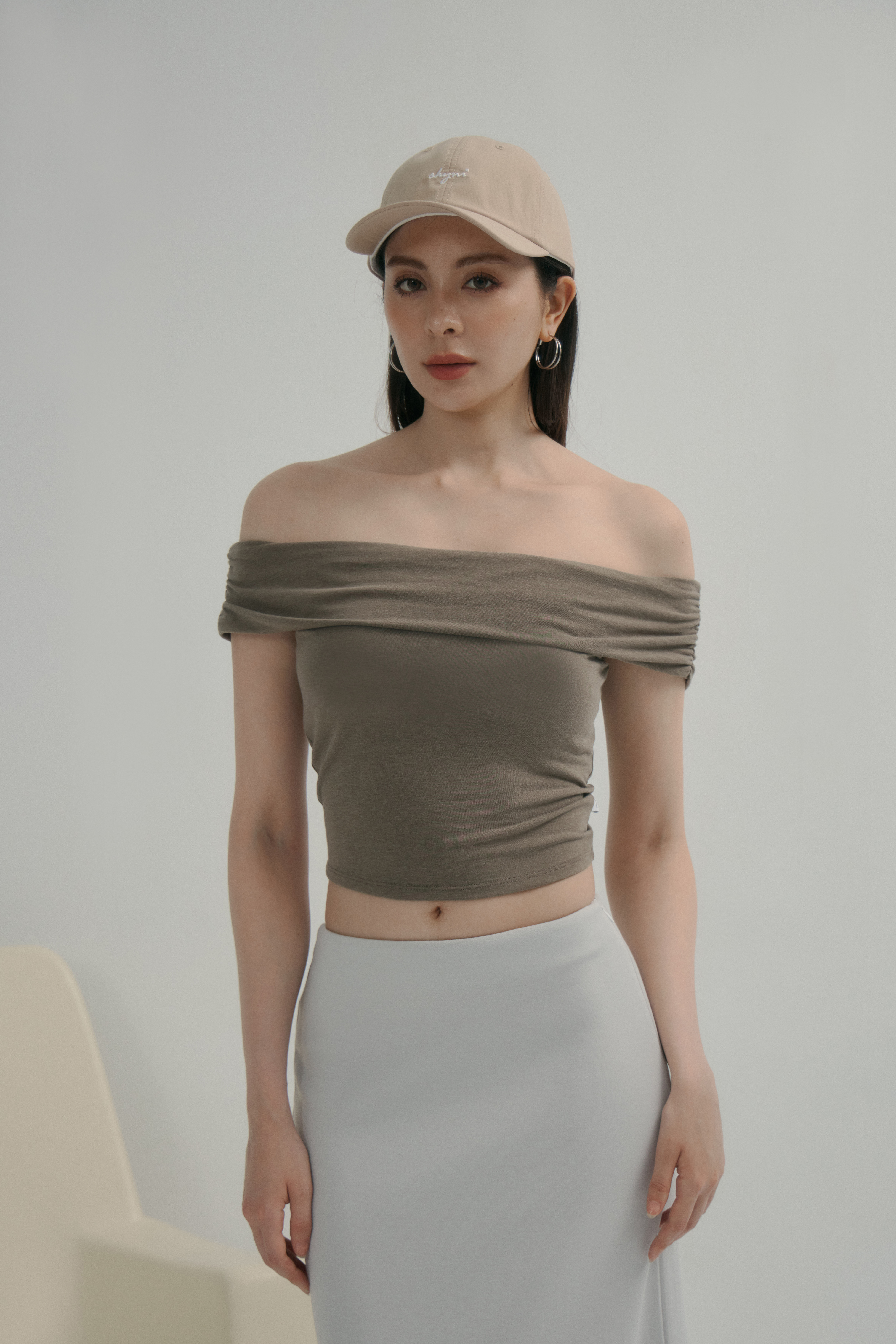 法式一字領BRA TOP上衣- 咖啡