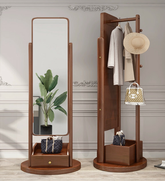 New Nordic solid wood furniture, full-length mirror, 360-degree rotating coat rack, integrated wardrobe (walnut color)