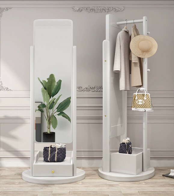 New Nordic solid wood furniture, full-length mirror, 360-degree rotating coat rack, integrated wardrobe (ivory white)