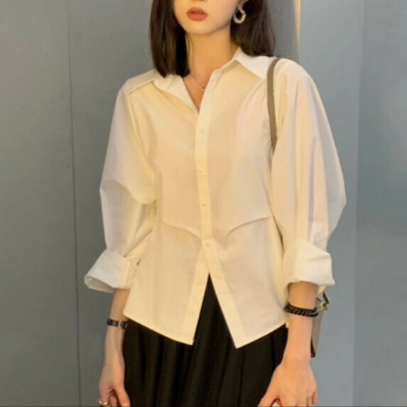 Waist pinched pleated shirt women's long sleeve Spring and Autumn (white [size S_L] (contact customer service to confirm the shipping size after placing an order) 