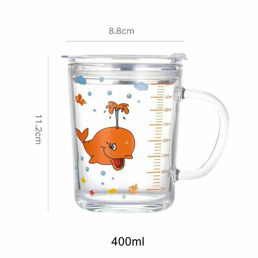 【350ML Orange Whale + Silicone Straw】 Cartoon Children's Straw Cup Water Cup with Handle Scale Heat-resistant Household Glass  