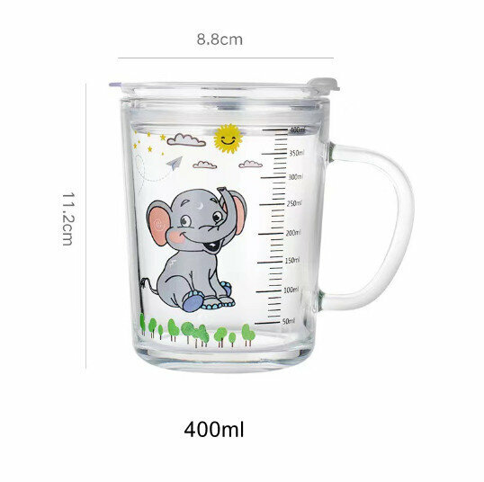 【350ML baby elephant + silicone straw】 Cartoon children's straw cup water cup with handle scale heat-resistant household glass  