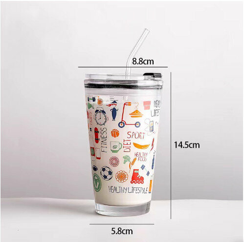 【400ML Graffiti + Silicone Straw】 Cartoon Children's Straw Cup Water Cup with Handle Scale Heat-resistant Household Glass  