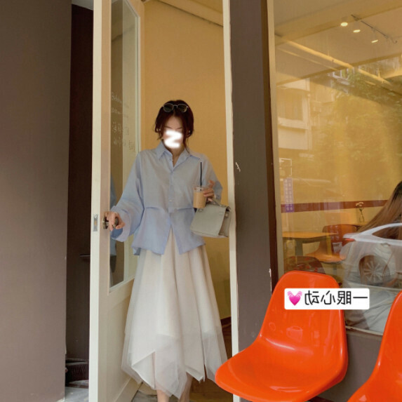 Waist pinched pleated shirt women's long sleeve Spring and Autumn (blue [size S_L] (contact customer service to confirm the shipping size after placing an order)